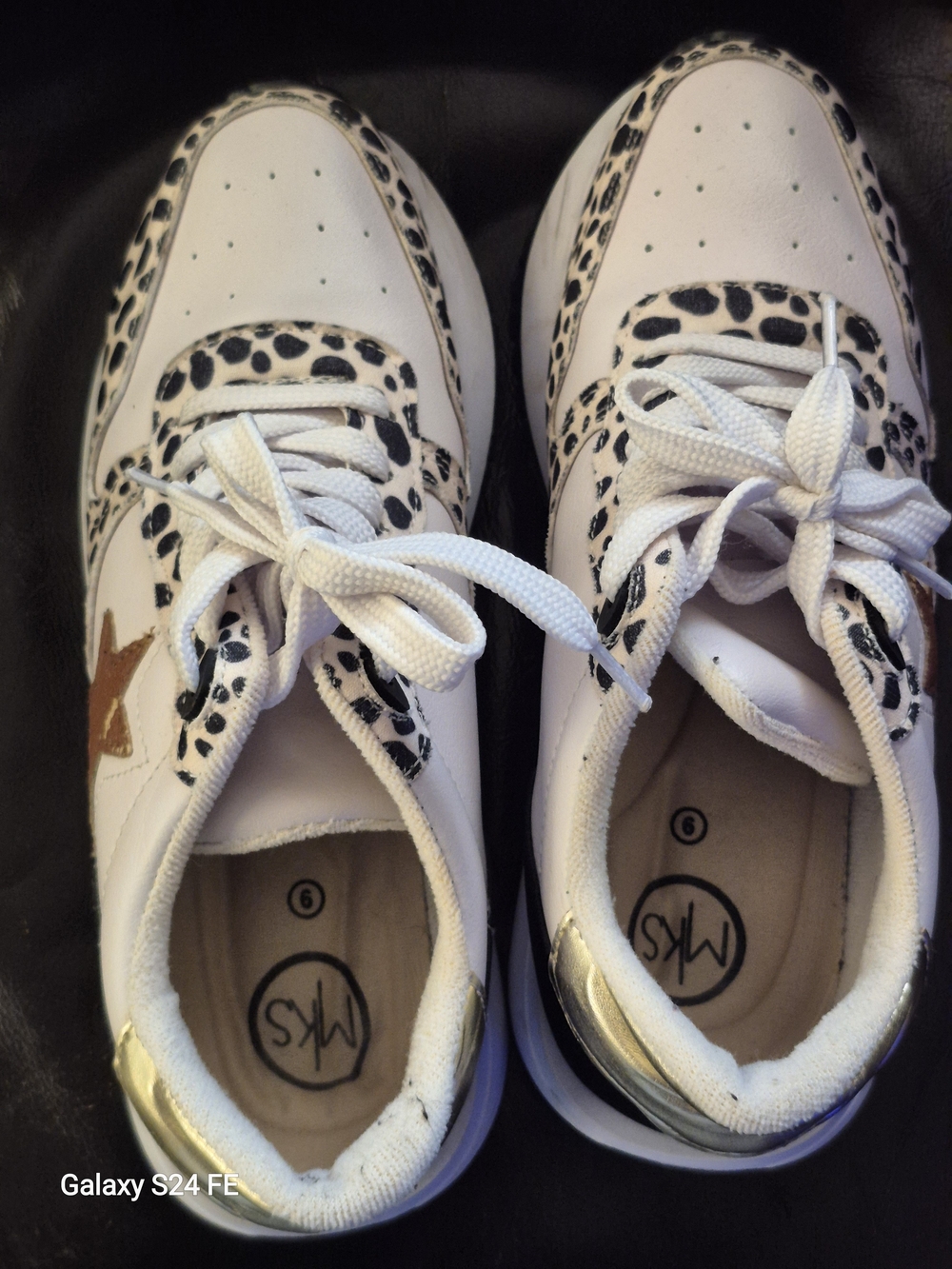 Women’s White Leopard Accent Sneakers with Gold Star Detail
